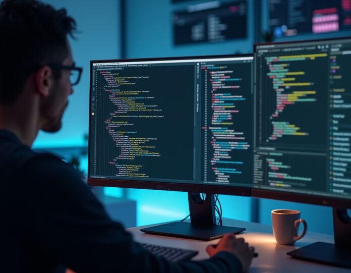 Um espaço de trabalho de codificação moderno mostrando um desenvolvedor colaborando com um assistente de IA, com telas divididas exibindo alterações de código em tempo real, diferenças destacadas e recursos de comentários interativos. A cena deve mostrar uma interface limpa e futurista com código de um lado, sugestões de IA de outro e indicadores visuais do processo de programação colaborativa. Foco central na interação humano-IA com uma sensação de transparência e controle no fluxo de trabalho de codificação.