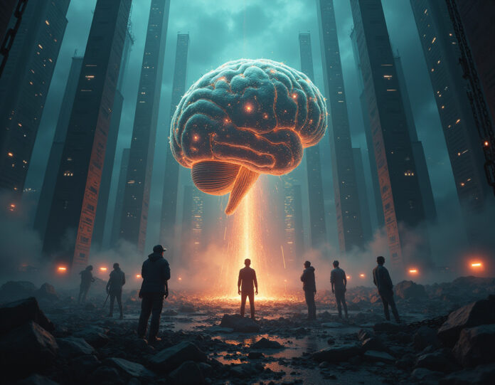 Uma ilustração digital dramática mostrando um império massivo de IA construído sobre fundações frágeis, com centros de dados e redes neurais se erguendo sobre trabalhadores explorados e danos ambientais abaixo. O foco central é um cérebro de IA brilhante rodeado por correntes e sinais de dólar, com elementos contrastantes da natureza sendo esmagados sob o progresso tecnológico. Iluminação sombria e atmosférica com destaques no conflito ético, composição cinematográfica, estilo fotorrealista com elementos simbólicos representando os custos ocultos do desenvolvimento de IA.