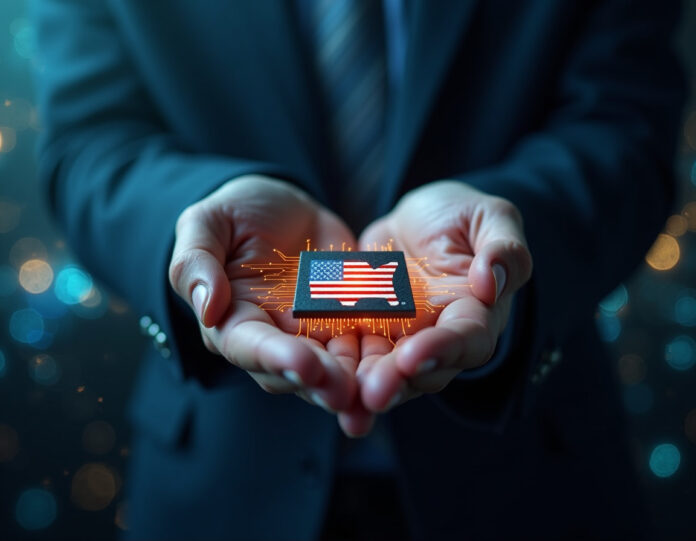 Uma imagem dramática e fotorrealista mostrando um microchip com o padrão da bandeira americana gravado em sua superfície, centralizado no quadro com linhas de circuito brilhantes irradiando para fora. O chip é segurado por uma mão usando um terno de negócios, simbolizando a parceria entre governo e corporações. No fundo, contornos sutis de instalações de manufatura e redes neurais de IA se misturam, criando uma atmosfera industrial futurista. A iluminação enfatiza a importância estratégica com uma mistura de tons azuis governamentais e destaques tecnológicos dourados.