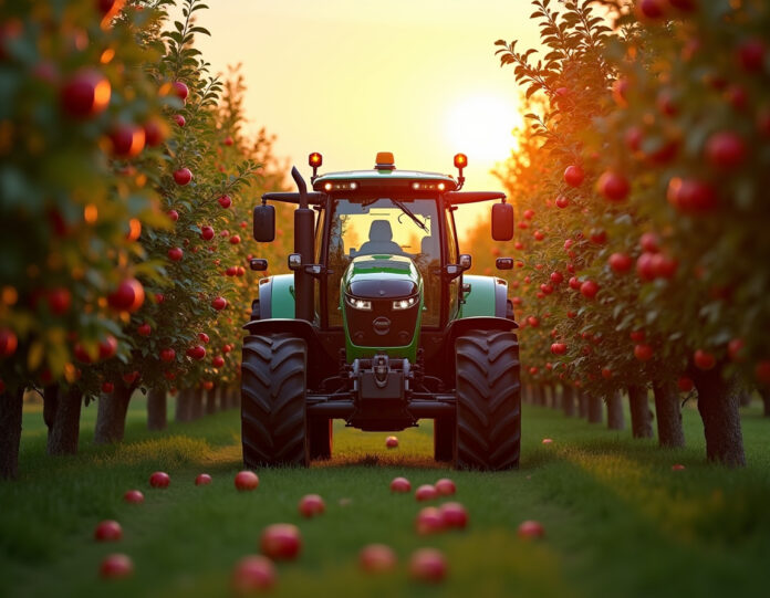 Uma cena agrícola moderna mostrando um trator de alta tecnologia equipado com múltiplas câmeras de IA percorrendo um exuberante pomar de maçãs durante a hora dourada. As câmeras estão visivelmente escaneando as frutas nas árvores, com fluxos de dados digitais e displays holográficos mostrando análises de saúde das frutas. A cena combina agricultura tradicional com tecnologia futurística, centrada no sistema de câmeras do trator capturando imagens detalhadas de maçãs vermelhas perfeitas. A iluminação é quente e profissional, enfatizando a mistura de natureza e inovação.