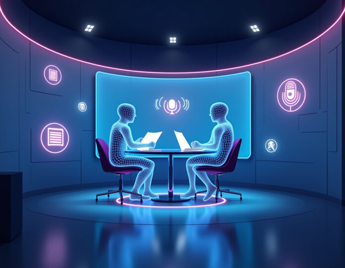 Uma configuração moderna de estúdio de podcast digital com dois apresentadores virtuais de IA representados como figuras holográficas discutindo documentos em uma tela transparente, cercados por ondas de áudio flutuantes e ícones de caderno, composição centralizada com iluminação suave em azul e roxo, atmosfera de tecnologia futurista