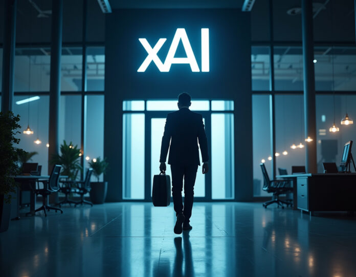 Um executivo corporativo moderno caminhando para longe de um edifício futurista de empresa de IA com o logotipo xAI exibido proeminentemente, segurando uma maleta, olhando para trás pensativamente, ambiente de escritório corporativo, traje profissional de negócios, iluminação dramática, composição centralizada, estilo fotorrealista