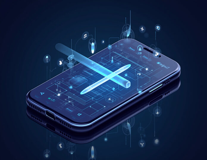 Uma interface de assistente digital futurista mostrando a colaboração entre Siri e Google Gemini IA, com resultados de pesquisa exibidos em uma tela moderna de iPhone, composição centralizada com elementos de IA brilhantes e ondas de reconhecimento de voz, estilo de ilustração tecnológica profissional