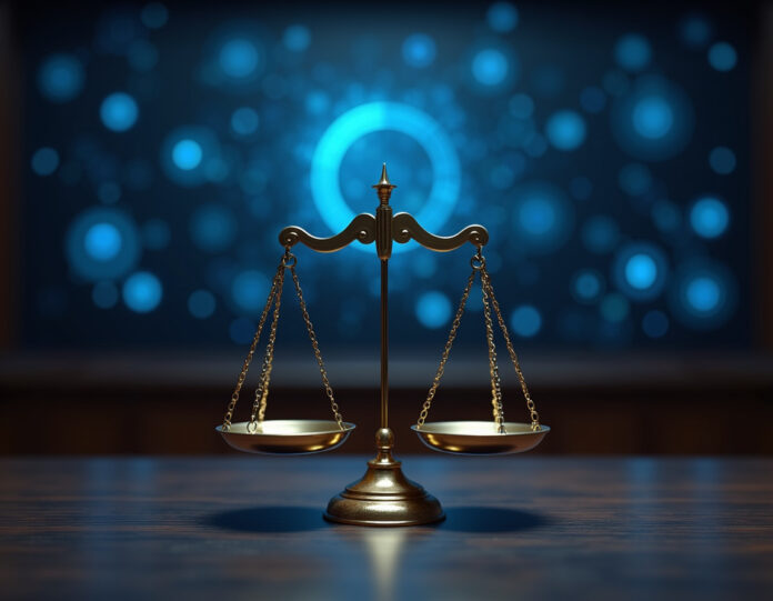 Uma cena dramática de tribunal com balanças da justiça em primeiro plano, atrás delas dois logos modernos de empresas de tecnologia (Scale AI e Mercor) enfrentando-se competitivamente, documentos digitais e redes neurais de IA flutuando no fundo, ambiente jurídico profissional com tons de madeira escura e iluminação azul de destaque, composição central.