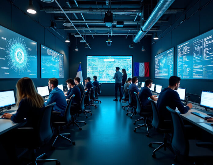 Um escritório moderno e sofisticado de startup europeia de IA com bandeiras francesa e da UE visíveis, mostrando uma equipe diversificada de pesquisadores de IA trabalhando em telas grandes exibindo redes neurais e modelos de linguagem, com o logotipo da Mistral AI em destaque, composição centralizada com estética tecnológica futurista, iluminação profissional, representando inovação tecnológica europeia e desenvolvimento de IA