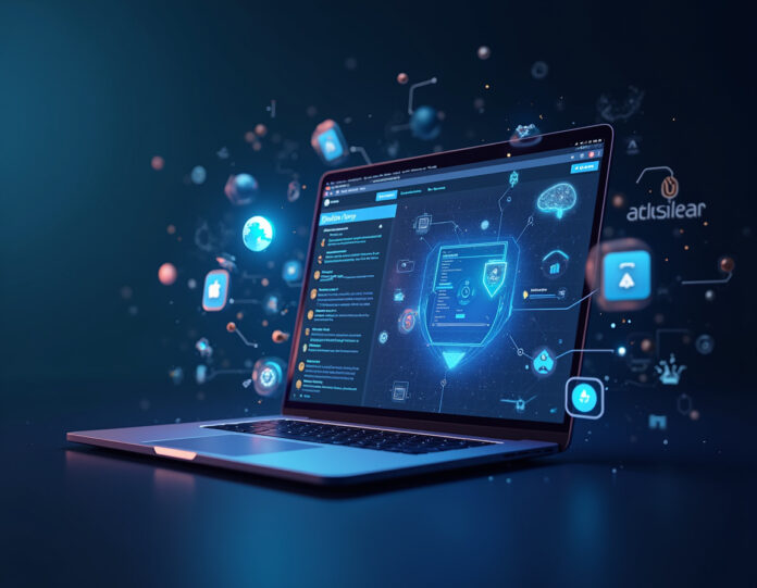 Uma interface de navegador moderna e elegante com elementos de IA flutuando ao redor, mostrando múltiplas abas de produtividade e integração de aplicativos SaaS, com os logotipos da Atlassian e The Browser Company integrados sutilmente no fundo, composição centralizada com uma estética tecnológica profissional.