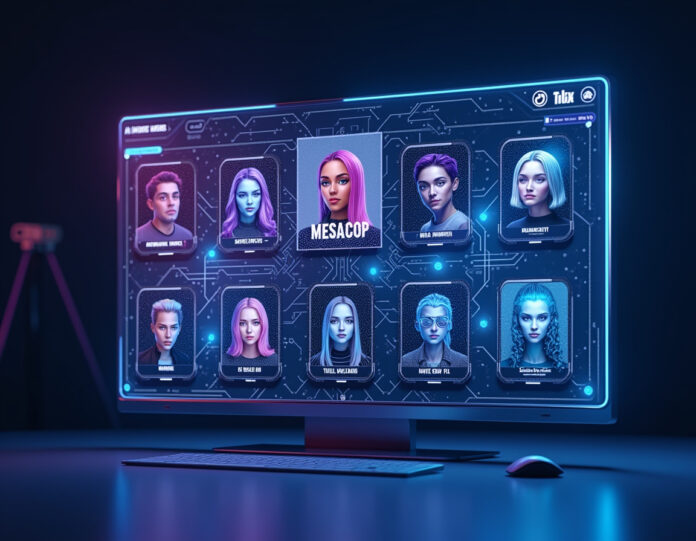 Uma interface futurista de criação de vídeos por IA mostrando múltiplas plataformas de vídeos de formato curto (TikTok, Reels, Shorts) com avatares e conteúdo gerados por IA, composição centralizada, estética tecnológica moderna, elementos holográficos em azul e roxo, iluminação de estúdio profissional