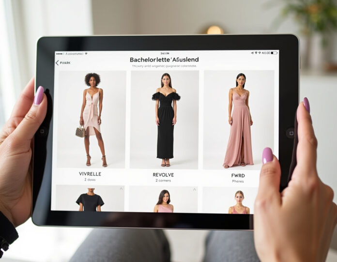 Uma interface sofisticada de estilista de moda por IA em uma tela de tablet, mostrando recomendações elegantes de roupas para um fim de semana de despedida de solteira, com peças de vestuário de luxo da Vivrelle, Revolve e FWRD exibidas em um design moderno e minimalista. O tablet é segurado pelas mãos elegantes de uma mulher com unhas bem cuidadas, contra um fundo limpo e claro com iluminação suave. As recomendações de IA mostram conjuntos coordenados com vestidos de alta costura, acessórios e sapatos, todos centralizados e organizados profissionalmente.