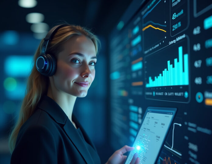 Uma interface moderna de agente de atendimento ao cliente com IA, com elementos de design futuristas, mostrando um assistente digital amigável ajudando clientes, com visualizações de dados e análises em segundo plano, composição centralizada com iluminação profissional, representando a tecnologia de IA no atendimento ao cliente