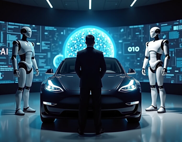 Elon Musk posicionado entre um veículo elétrico Tesla e um robô humanóide, com gráficos de rede neural de IA flutuando ao fundo, representando a conexão entre Tesla, xAI e tecnologias avançadas de inteligência artificial. Cenário de sala de reuniões corporativa moderna com acionistas votando em telas digitais, atmosfera tecnológica futurista, reunião de negócios profissional, estilo hiper-realista, composição centralizada, iluminação dramática.