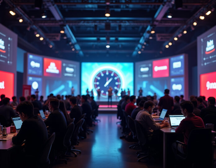 Um contador regressivo dramático mostrando as horas finais com um cenário de evento tecnológico apresentando mesas de exposição, logotipos de startups e networking empresarial em um moderno salão de conferências, composição centralizada com atmosfera urgente, iluminação profissional