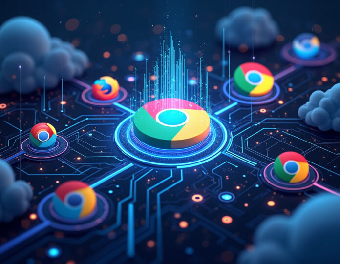 Uma paisagem digital futurista mostrando múltiplos navegadores e motores de busca alimentados por IA competindo em uma arena do ciberespaço, com redes neurais e fluxos de dados conectando-os, centrados em torno de um logotipo de cromo sendo desafiado por concorrentes emergentes de IA, em um estilo de ilustração dinâmico com tema tecnológico