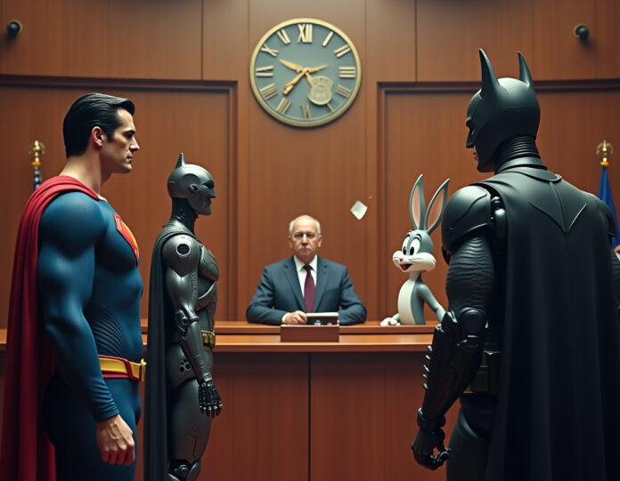 Uma cena dramática de tribunal com os personagens Superman, Batman e Pernalonga como requerentes de um lado, enfrentando um robô de IA futurista representando a Midjourney do outro lado, com um juiz presidindo o caso, iluminação cinematográfica, estilo hiper-realista, composição centralizada, documentos legais flutuando no ar, atmosfera intensa