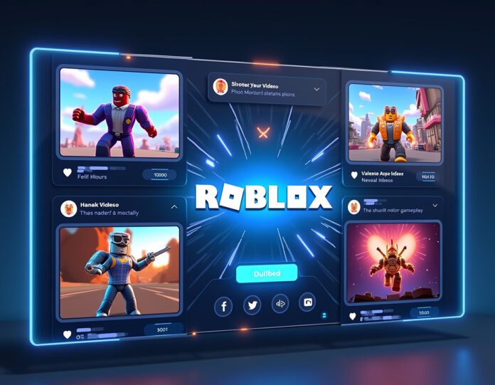 Uma interface moderna de jogos mostrando um feed vertical rolável de vídeos curtos de gameplay do Roblox, com avatares coloridos de jogos e cenas de ação, cercados por botões de engajamento estilo mídia social e reações de emoji, composição centralizada com marcação vibrante em azul e branco do Roblox, estética digital futurista