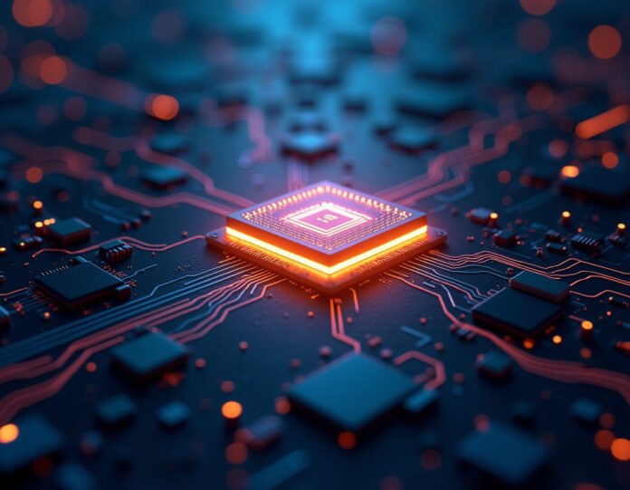 Uma ilustração dramática e futurista mostrando chips de semicondutores e redes neurais de IA se fundindo, com as bandeiras americana e chinesa sutilmente integradas no fundo, representando as tensões geopolíticas na indústria de semicondutores. O foco central está em um chip de IA brilhante com padrões de circuito e fluxos de dados ao seu redor, tudo em um estilo profissional de tecnologia empresarial com tons de azul profundo e laranja, com iluminação cinematográfica.