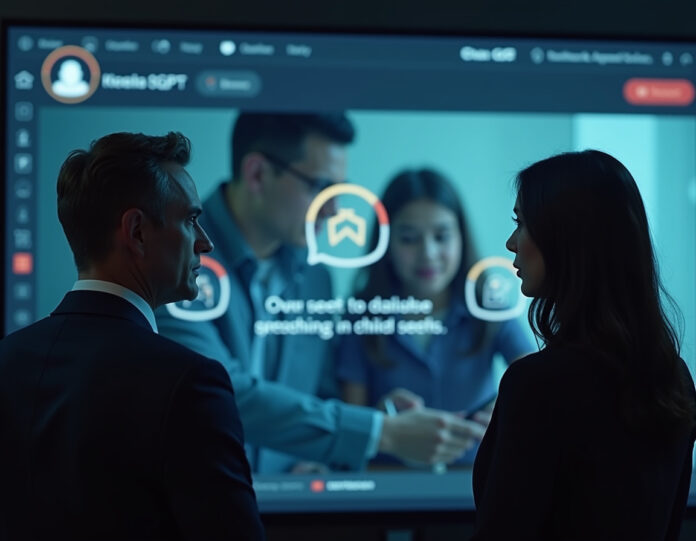 Uma cena dramática e preocupante mostrando dois procuradores-gerais do estado (um homem, uma mulher) em trajes formais de negócios, em pé juntos, olhando seriamente para uma grande tela de computador exibindo uma interface do ChatGPT com símbolos de aviso. No fundo, imagens sutis de crianças e adolescentes usando dispositivos, com símbolos de proteção aparecendo quebrados ou inadequados. A atmosfera deve transmitir urgência, preocupação com a segurança infantil e a gravidade da situação. Foco central nos procuradores e na interface de IA, com iluminação suave que destaca a seriedade do tema.