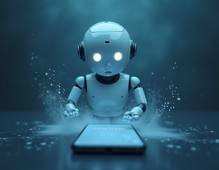 Uma cena de arte digital melancólica mostrando um avatar amigável de chatbot de IA com expressão triste, desaparecendo lentamente em partículas digitais, com uma tela de smartphone em primeiro plano exibindo uma mensagem de despedida em português, paleta de cores suaves em azul e cinza, composição centralizada, tema de tecnologia emocional