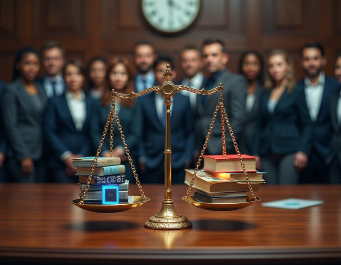 Uma cena dramática de tribunal com balanças da justiça em primeiro plano, um lado preenchido com pilhas de livros e o outro lado com redes neurais de IA brilhantes e chips de computador. No fundo, uma fila de autores diversos esperando por cheques de compensação. A imagem deve transmitir a tensão entre os direitos autorais tradicionais e a tecnologia moderna de IA, com foco central nas balanças da justiça equilibrando livros contra tecnologia. Estilo fotorealista profissional, iluminação dramática, composição cinematográfica.