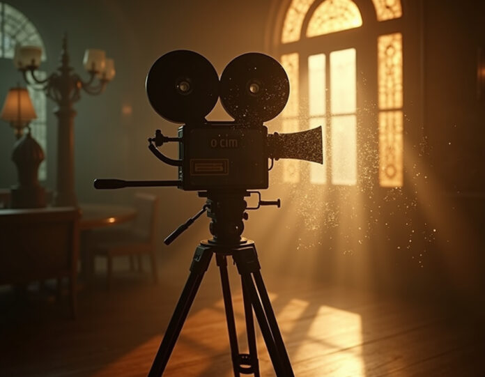 Uma cena cinematográfica dramática mostrando uma câmera de filme vintage dos anos 1940 em um tripé, com padrões fantasmagóricos transparentes de rede neural de IA sobrepostos à imagem. A câmera está posicionada centralmente, focada em um rolo de filme antigo que parece estar se desintegrando parcialmente em código digital e pixels. A iluminação suave da hora dourada cria uma atmosfera melancólica, simbolizando as filmagens perdidas do clássico filme de Orson Welles. No fundo, sutis indícios de arquitetura art déco reminiscente da mansão dos Ambersons. O estilo deve misturar o glamour clássico de Hollywood com estéticas digitais modernas, resolução 4K, iluminação cinematográfica.
