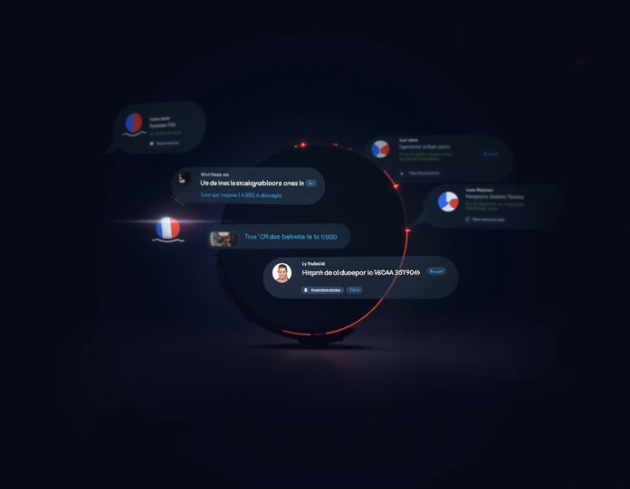 Uma interface moderna e sofisticada de assistente de IA com as cores da bandeira francesa (azul, branco, vermelho) sutilmente integradas, mostrando uma conversa de chat em português com o logo Le Chat da Mistral AI visível. A interface deve parecer elegante e futurista, com linhas limpas e um design profissional, centralizada em um fundo escuro com elementos luminosos suaves representando inteligência artificial. A estética geral deve transmitir excelência tecnológica e inovação europeia.