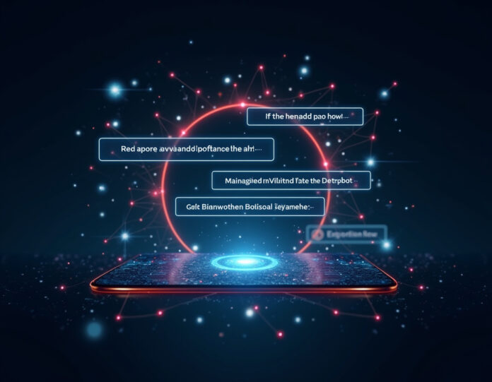 Uma interface moderna e elegante de publicidade digital mostrando conversas contextuais de chatbot de IA com conteúdo patrocinado relevante perfeitamente integrado, centralizada em um fundo escuro com conexões de rede neural brilhantes e elementos de visualização de dados, representando a fusão da inteligência artificial e da tecnologia de publicidade direcionada.