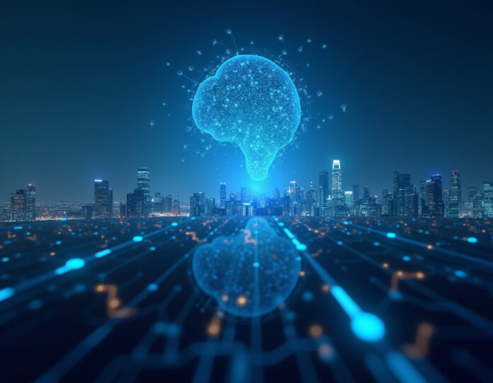 Uma interface moderna e sofisticada de assistente de IA flutuando acima de um horizonte urbano, com conexões de rede neural brilhando em luz azul, composição centralizada, estética tecnológica profissional, estilo de arte digital, representando agentes de IA ajudando empresas