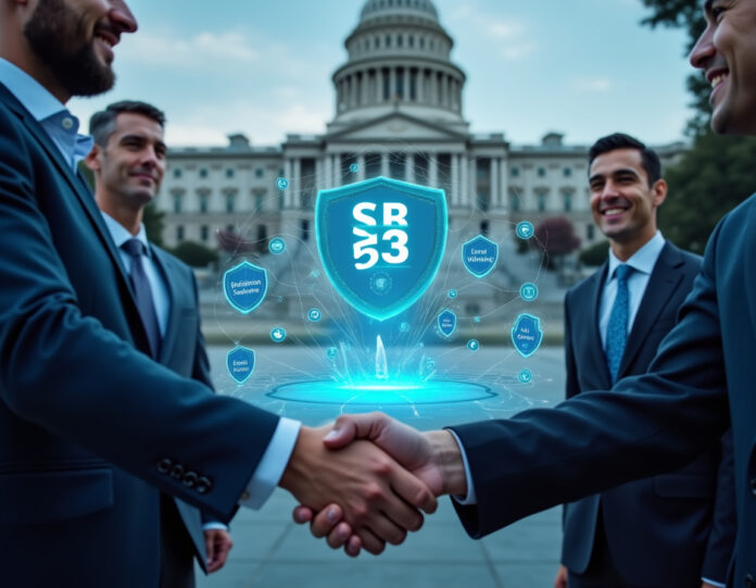 Um documento legislativo com 'SB 53' exibido proeminentemente, rodeado por hologramas futuristas de IA e escudos de segurança, com representantes da Anthropic e funcionários do governo da Califórnia apertando as mãos em primeiro plano, situado contra o edifício do capitólio do estado da Califórnia, efeitos de transparência digital e símbolos de segurança flutuando ao redor, atmosfera profissional de reunião de negócios, composição centralizada.
