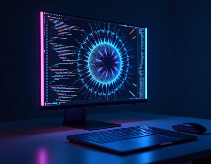 Uma interface moderna de assistente de codificação com IA com padrões de rede neural luminosos, centralizada em uma tela de computador elegante mostrando geração de código em tempo real, com efeitos de luz futuristas em azul e roxo, representando tecnologia avançada de inteligência artificial no desenvolvimento de software