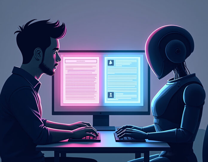 Uma ilustração digital mostrando uma silhueta humana e uma silhueta de robô, ambas digitando em teclados, com suas saídas de texto se fundindo em postagens de mídia social indistinguíveis em uma tela de computador, representando o desfoque entre conteúdo gerado por humanos e por IA online, composição centralizada, estética tecnológica moderna