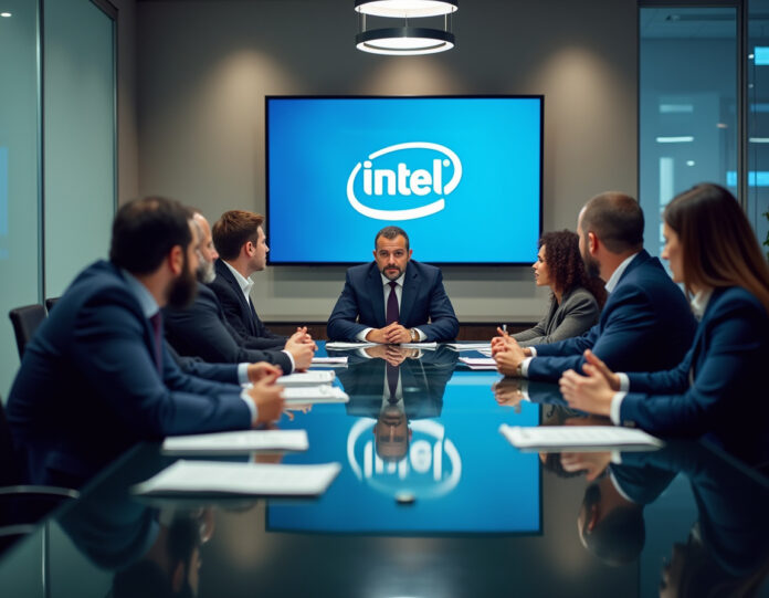 Uma moderna sala de reuniões corporativa com executivos diversos em trajes de negócios discutindo estratégia ao redor de uma mesa de vidro, com o logotipo da Intel visível na parede, foco em liderança e transformação tecnológica, iluminação profissional, composição centralizada.