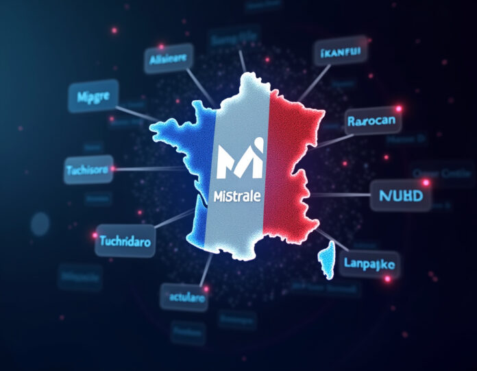 Uma interface de IA moderna e sofisticada mostrando uma bandeira francesa integrada com conexões de rede neural, com o logo da Mistral AI exibido proeminentemente no centro, cercado por visualizações de dados holográficas e bolhas de chat em múltiplos idiomas, representando a inovação europeia em IA e avanço tecnológico.