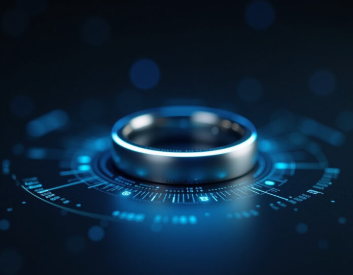 Um elegante anel inteligente prateado com luzes LED azuis brilhantes, centralizado em um fundo escuro com fluxos de dados digitais fluindo ao seu redor, representando métricas de saúde e proteção de privacidade, estilo de fotografia profissional de produto, focado no anel com profundidade de campo rasa