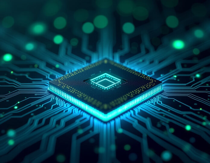 Um chip de GPU futurista e de alta tecnologia com circuitos brilhantes em azul e verde, centralizado em um fundo escuro com trilhas de luz representando o fluxo de dados, cercado por padrões abstratos de rede neural e tokens digitais flutuando ao redor, iluminação cinematográfica, ultra-detalhado, resolução 8K