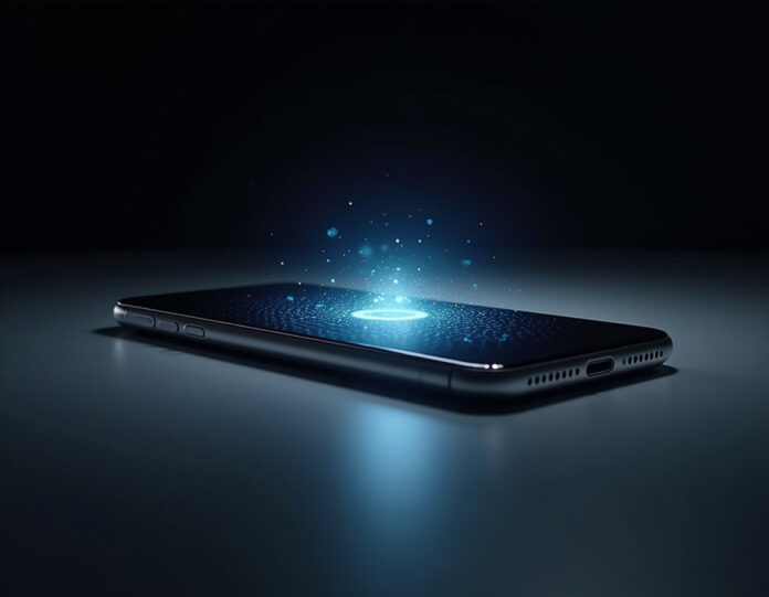 Um iPhone Air elegante e ultrafino repousando sobre uma superfície reflexiva, com um holograma futurista de rede neural de IA emergindo da tela, mostrando o contraste entre a excelência do design de hardware da Apple e a tecnologia de inteligência artificial. A cena é iluminada profissionalmente com uma estética minimalista e limpa no estilo Apple, focando no perfil fino do telefone e nos elementos de IA brilhantes. A composição é centralizada e equilibrada, com um fundo escuro que faz o iPhone e os elementos de IA se destacarem proeminentemente.