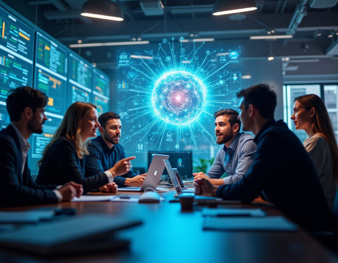 Um escritório moderno de startup tecnológica com diversos especialistas em IA e especialistas de domínio colaborando em torno de um grande display holográfico central mostrando conexões de redes neurais, com jovens empreendedores em seus primeiros 20 anos discutindo com executivos experientes, rodeados por interfaces tecnológicas futuristas e telas de visualização de dados, atmosfera profissional de negócios, composição centralizada, cores vibrantes, iluminação cinematográfica