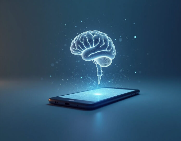 Um smartphone moderno flutuando no centro com padrões sutis de rede neural semelhantes ao cérebro emanando dele, mostrando visualização em tempo real da transcrição de fala para texto, com partículas de luz representando o fluxo de dados, estética tecnológica minimalista limpa, composição centralizada, estilo de arte digital profissional