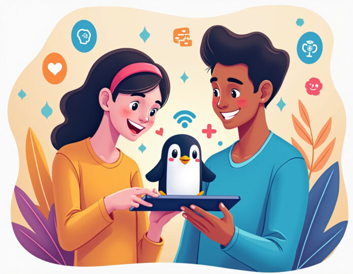 Uma ilustração digital colorida mostrando dois jovens sorrindo e colaborando na tela de um smartphone que apresenta um personagem virtual fofo de pinguim (Pengu) com elementos de IA flutuando ao redor deles, representando conexão social e tecnologia. A cena é calorosa, amigável e centrada na interação humana com a tecnologia como uma ponte, em vez de isolamento. Cores brilhantes e vibrantes com uma estética moderna e limpa.