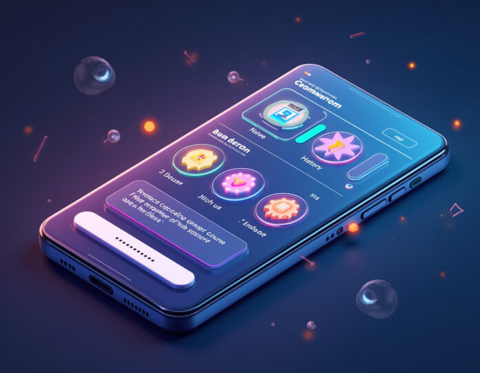 Uma interface moderna e elegante de aplicativo educacional mostrando múltiplos formatos de aprendizagem na tela de um smartphone, com prompts de criação de cursos gerados por IA, ícones educacionais coloridos representando diferentes disciplinas como ciência, história, idiomas e cultura pop, com um efeito de brilho futurista ao redor do telefone, composição centralizada, estilo de ilustração digital profissional