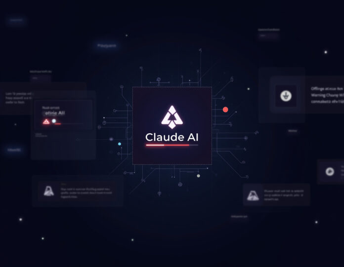 Uma imagem centralizada mostrando uma interface de IA futurística com mensagens de erro e símbolos de aviso, representando uma interrupção de serviço. O logotipo principal do Claude AI está escurecido com um indicador de status 'offline' em vermelho. No fundo, linhas de código fracas são visíveis, mas desfocadas, simbolizando serviço interrompido. O tom geral é de interrupção tecnológica com uma estética limpa e moderna, composição centralizada com o sistema de IA offline como ponto focal.