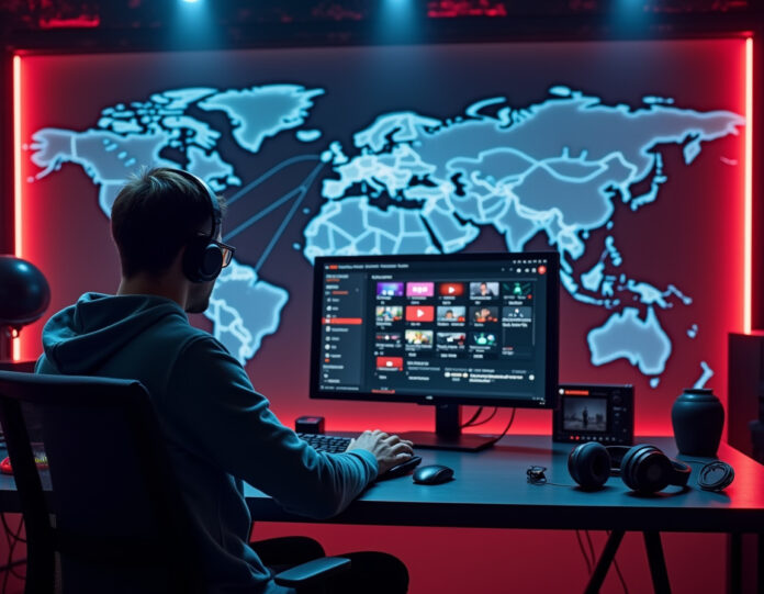 Uma configuração moderna de estúdio digital mostrando um criador do YouTube trabalhando em uma interface de edição de vídeo com múltiplas opções de idioma visíveis na tela, fones de ouvido na mesa, fundo com mapa mundial com linhas de conexão entre continentes, elementos tecnológicos futuristas, iluminação profissional, composição centralizada, cores vibrantes, representando criação de conteúdo global e comunicação multilíngue