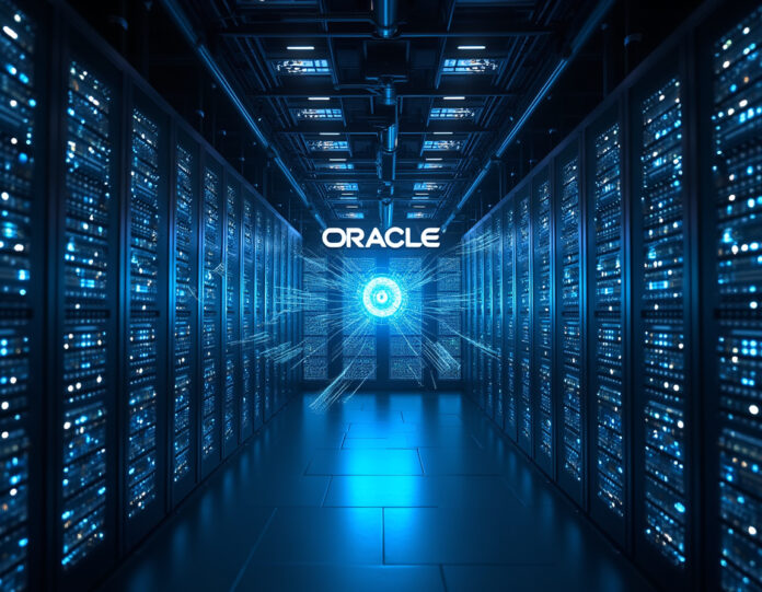 Um data center futurista com os logotipos da Oracle e OpenAI exibidos de forma proeminente, mostrando enormes racks de servidores com luzes azuis brilhantes, interfaces holográficas exibindo redes neurais de IA, e conexões digitais representando o acordo de computação de US$ 300 bilhões, composição centralizada com iluminação dramática