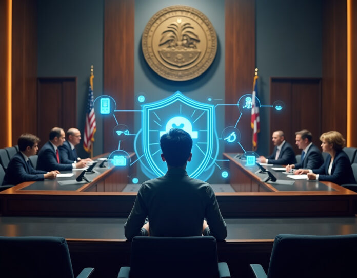 Uma câmara legislativa moderna com o selo do estado da Califórnia visível, mostrando políticos votando em um projeto de lei sobre regulamentação de IA, com visualização holográfica de um chatbot de IA no centro, escudo protetor ao redor de um adolescente usando smartphone, ícones de segurança e símbolos de alerta flutuando ao redor, ambiente governamental profissional com cooperação bipartidária, tecnologia futurista encontrando legislação tradicional, composição centralizada com iluminação equilibrada