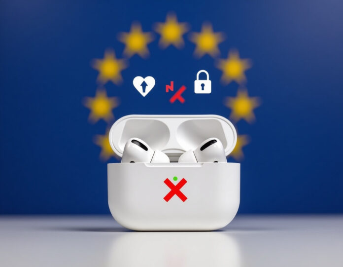 Fones de ouvido AirPods Pro 3 com uma bandeira da União Europeia ao fundo, mostrando um 'X' vermelho sobre o ícone de recurso de tradução, com símbolos de proteção de dados como escudos e ícones de cadeado flutuando ao redor, estética tecnológica moderna e limpa, composição centralizada, estilo de fotografia profissional de produto