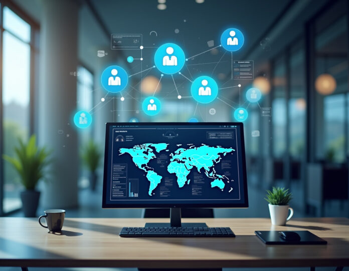Um espaço de trabalho corporativo moderno com múltiplos ícones de agentes de IA flutuando acima de uma tela central de computador mostrando diagramas de fluxo de trabalho, com fluxos de dados conectando diferentes departamentos em um ambiente de escritório, cenário empresarial profissional com design minimalista limpo, composição centrada com foco no conceito de automação de IA