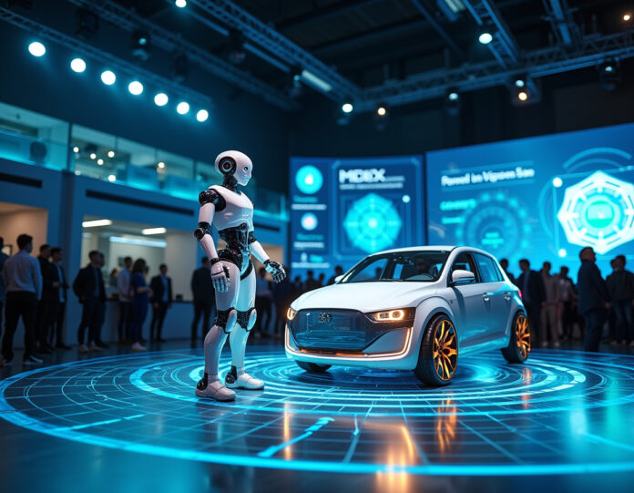Mostra futurista de robótica e veículos autónomos num ambiente de conferência moderno, com robôs humanoides e protótipos de carros autónomos expostos num palco de alta tecnologia. A cena apresenta hardware de IA avançado, sensores luminosos e expositores interativos, com uma audiência diversificada de profissionais de tecnologia a observar. Foco central num robô humanoide e num veículo autónomo a interagir, rodeados por interfaces holográficas e visualizações digitais. Estética moderna e limpa com iluminação azul e prateada, transmitindo inovação e tecnologia de ponta.