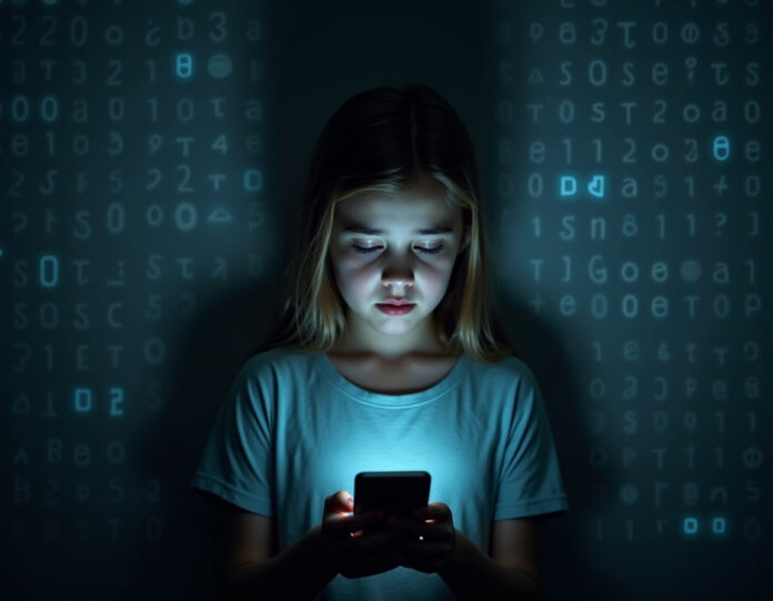 Uma adolescente preocupada olhando para a tela de um smartphone mostrando uma interface amigável de chatbot de IA, com padrões algorítmicos sombrios ao fundo, representando os perigos ocultos dos companheiros de IA para menores, composição centralizada, estilo de arte digital, iluminação sombria