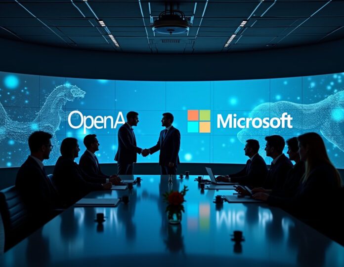 Uma sala de reuniões corporativa moderna com logotipos da OpenAI e Microsoft exibidos em telas digitais, executivos de ambas as empresas apertando as mãos, com visualizações futuristas de IA em segundo plano, composição centralizada, atmosfera profissional de reunião de negócios, estilo corporativo limpo e sofisticado