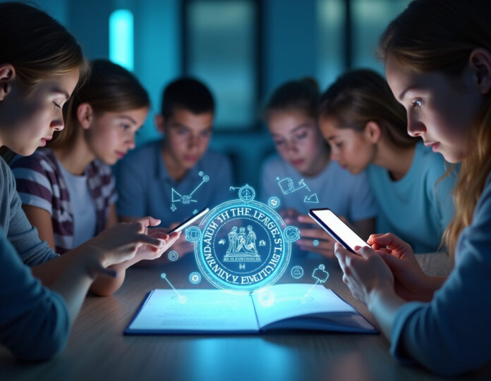 Um documento legislativo com o selo do estado da Califórnia, cercado por elementos de interface futurista de chatbot de IA mostrando avisos de segurança e escudos protetores, com um grupo diversificado de adolescentes em segundo plano olhando para telas de smartphones, composição centralizada com iluminação equilibrada
