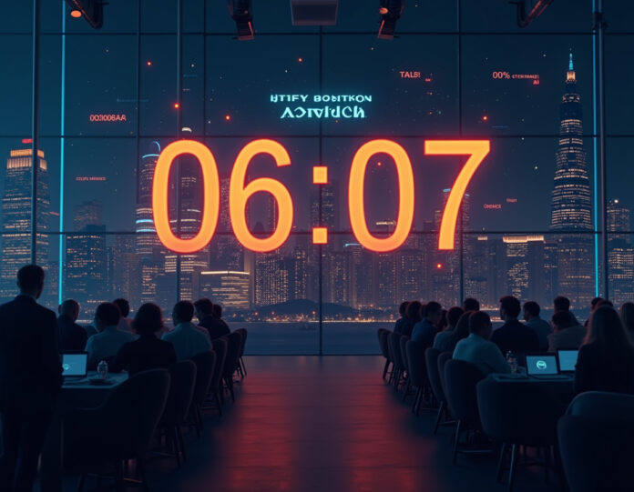 Um contador regressivo dramático mostrando as horas finais com fundo de conferência de tecnologia, relógio digital futurista contando regressivamente para a meia-noite, silhueta do horizonte de São Francisco, empreendedores e investidores de tecnologia em networking em espaço de evento moderno, elementos digitais brilhantes, atmosfera profissional de negócios, composição centralizada com o contador regressivo como foco principal