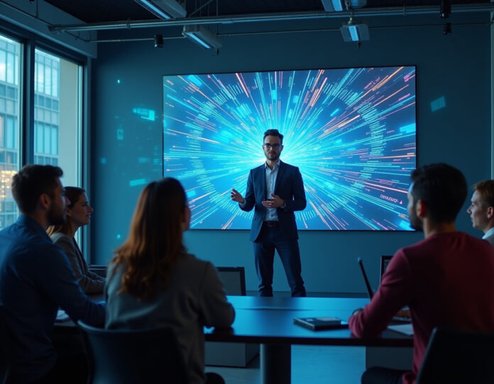 Um escritório tecnológico moderno com uma equipe diversificada de jovens profissionais colaborando em torno de uma grande tela digital mostrando padrões de visualização de dados de IA, com elementos futurísticos representando aprendizado de máquina e processamento de dados, centrado em um jovem CEO confiante apresentando para investidores, com elementos visuais sutis de fluxo de dados e redes neurais em segundo plano